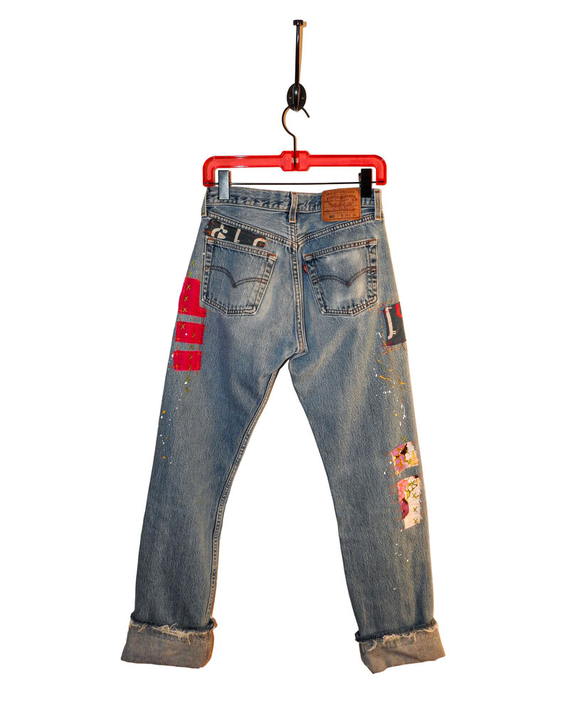 Origami Crane Clothing OC Levi 501"s w/ Patches & Stitches in Pinks 29"W B-570