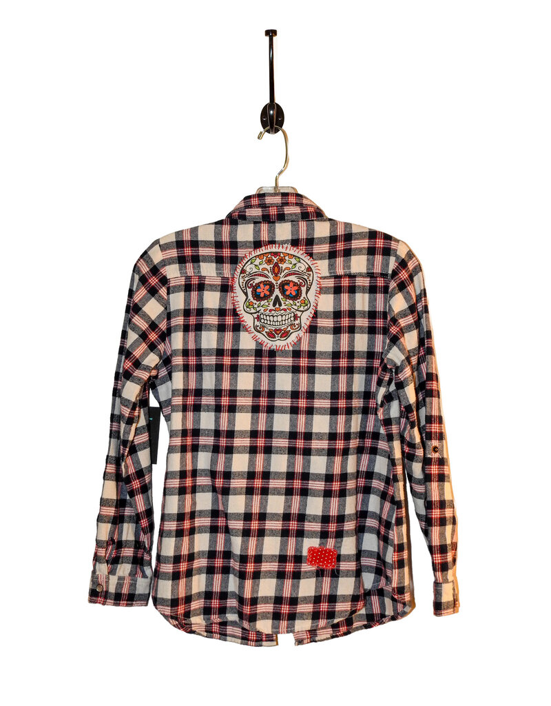 Sue Dreamer SD-118 Hand Sewn Patch, Red, Wht, Blue Flannel,  Skull S