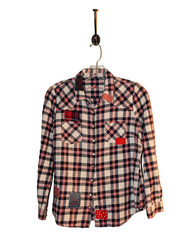 Sue Dreamer SD-118 Hand Sewn Patch, Red, Wht, Blue Flannel,  Skull S