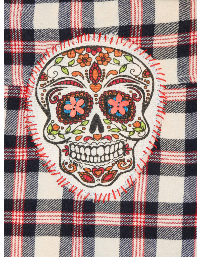 Sue Dreamer SD-118 Hand Sewn Patch, Red, Wht, Blue Flannel,  Skull S
