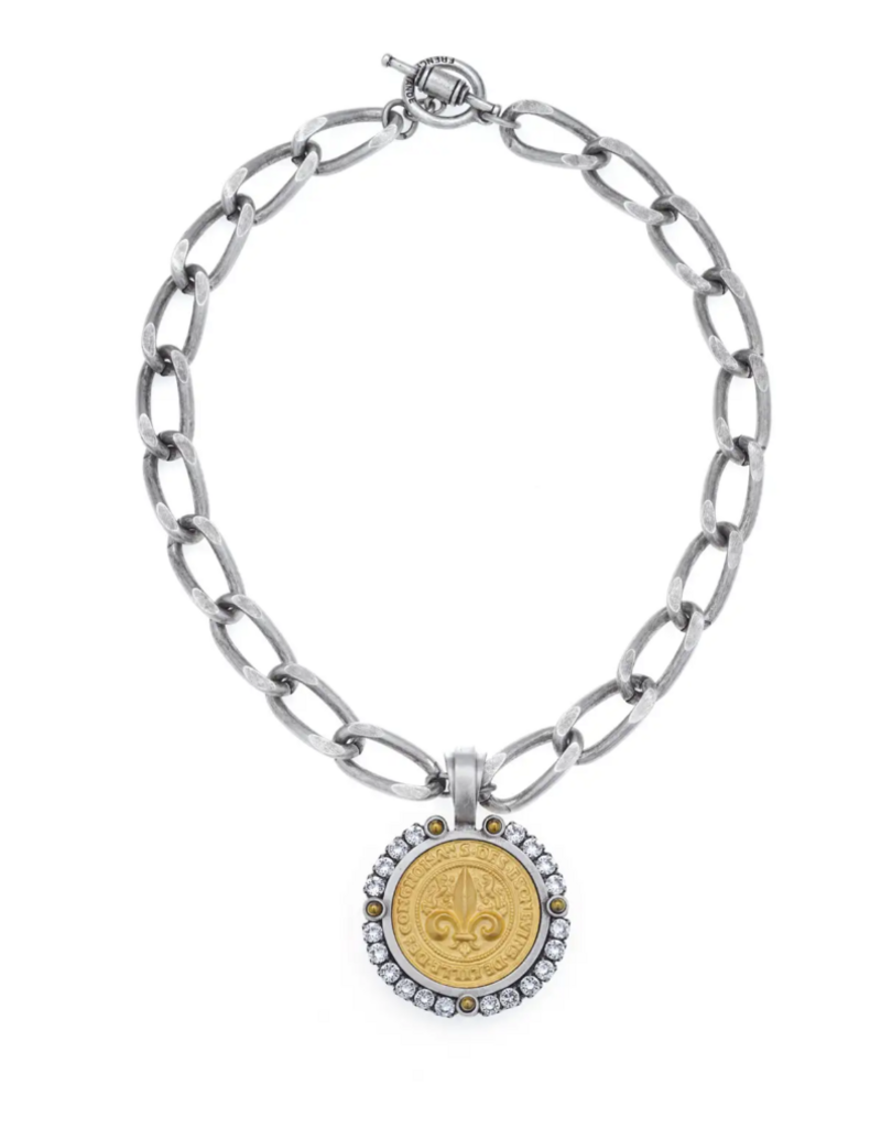 French Kande 17" Slvr Ox Pltd. St. Tropez Chain, 24K Pltd Des Medallion w/ Gold Cabs