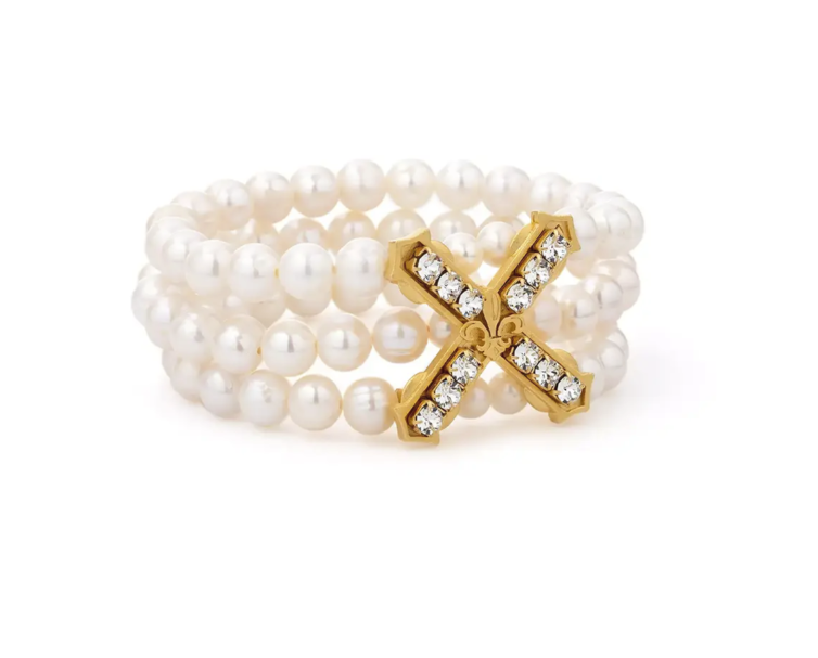 French Kande Trpl. Strnd. Wht Prls. w/ 24K Pltd Austrian Cyrstal French Kiss