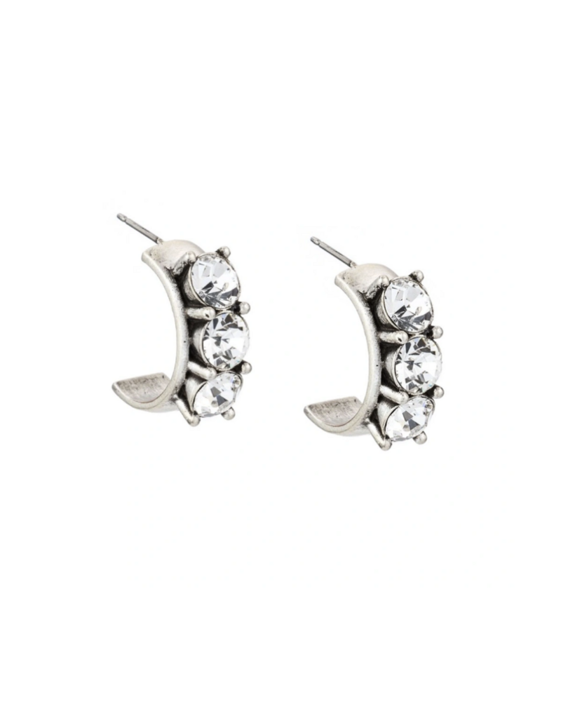 French Kande Silver Ox Pltd. Trpl Austrian Crystal Huggie Earrings