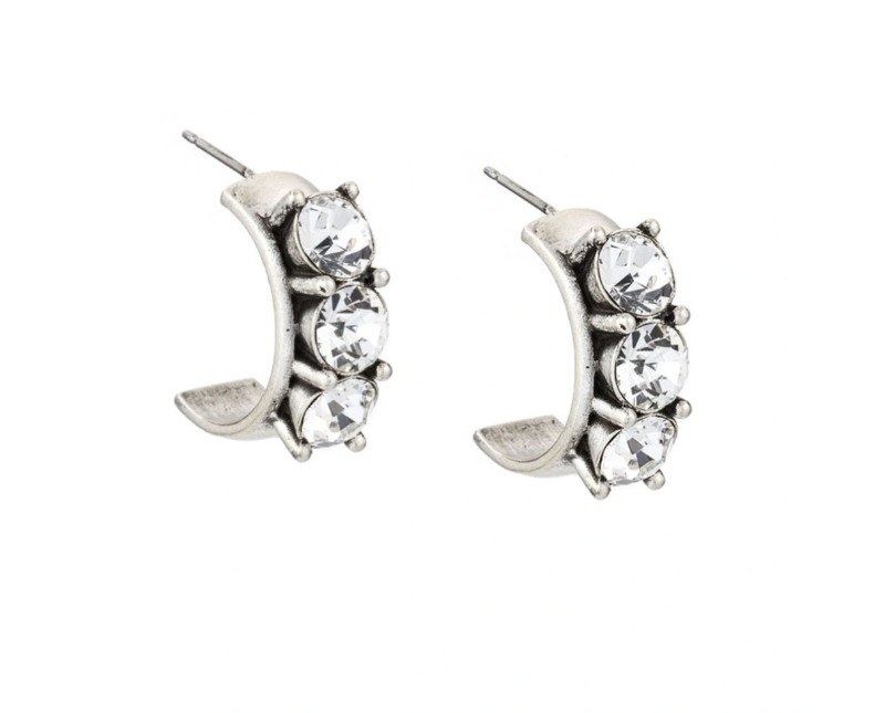 French Kande Silver Ox Pltd. Trpl Austrian Crystal Huggie Earrings