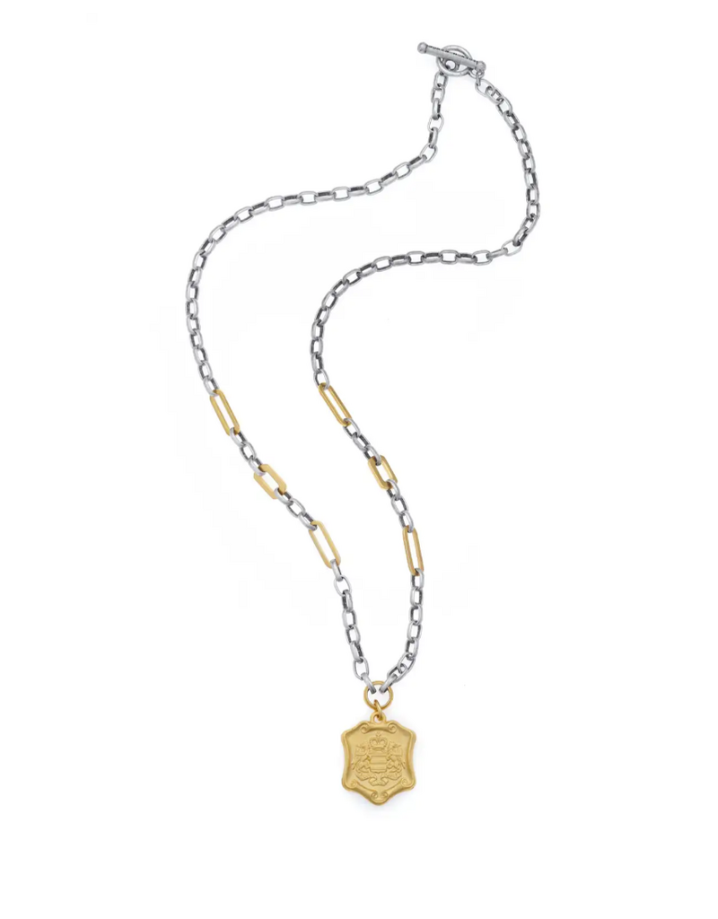 French Kande Sara 24" Silver ox Alsace Chain, 24K Pltd. Versailles Accents, Cognac Medallion