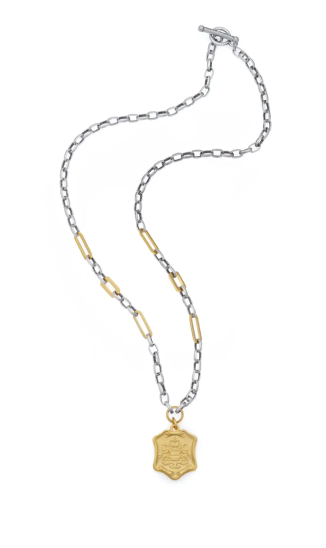 French Kande 24" Silver ox Alsace Chain, 24K Pltd. Versailles Accents, Cognac Medallion