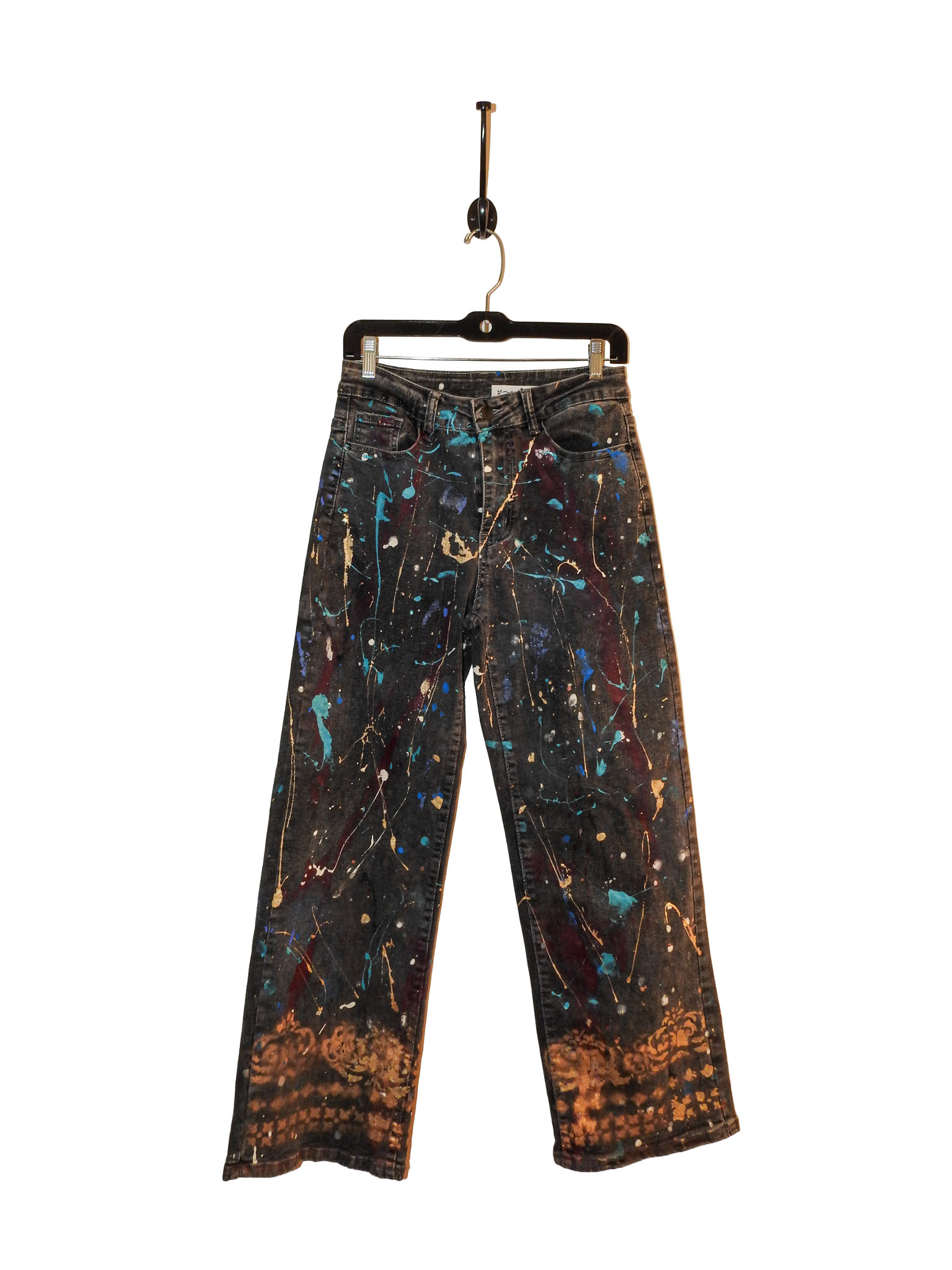 Kathleen Cook KC08-Black Jeans with Burgandy and Gold Paint Size 7/28