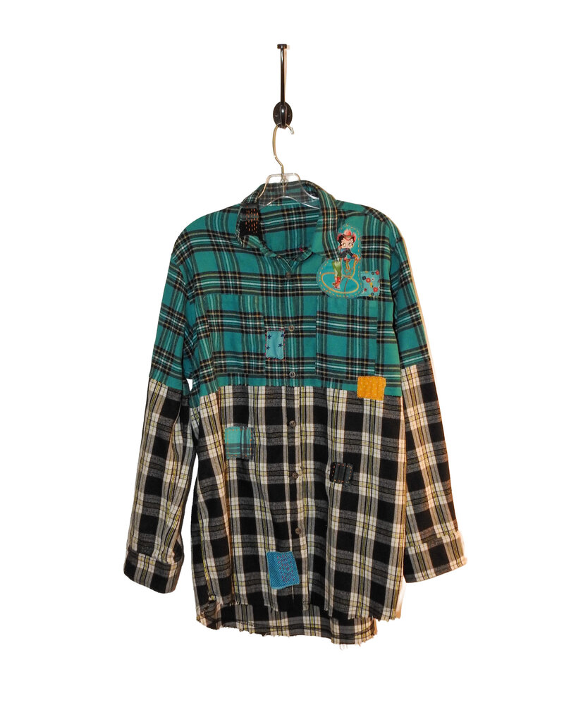 Sue Dreamer SD-137 Hand Sewn, Blk, Turq. Pld Long Flannel-L/XL