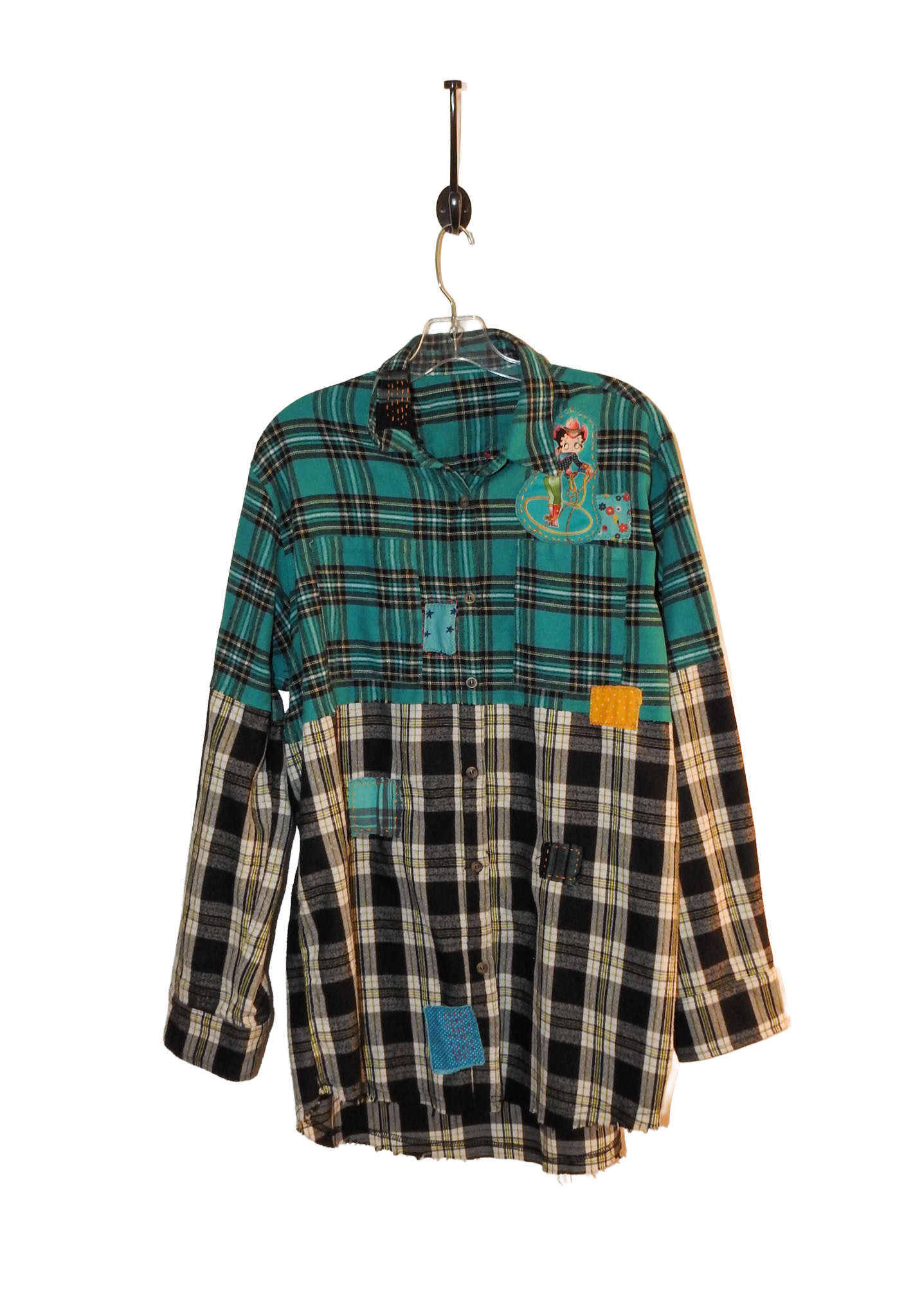 Sue Dreamer SD-137 Hand Sewn, Blk, Turq. Pld Long Flannel-L/XL