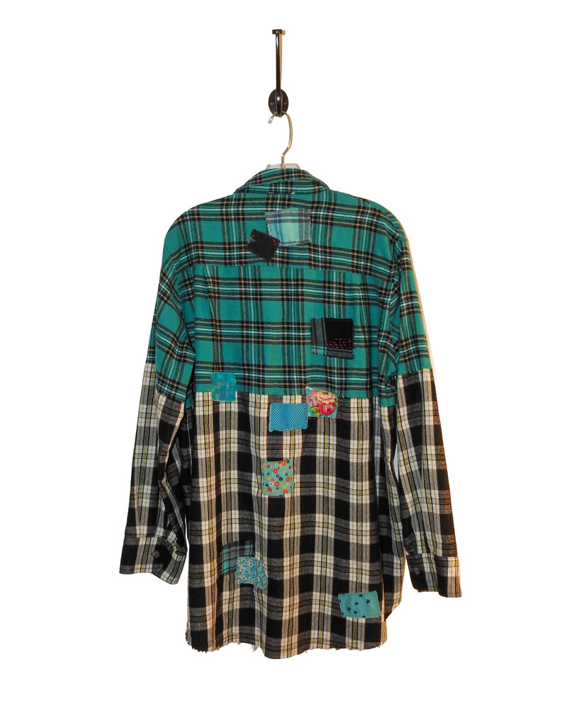 Sue Dreamer SD-137 Hand Sewn, Blk, Turq. Pld Long Flannel-L/XL