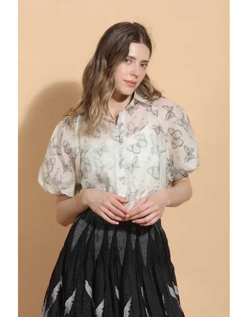 Jessie Liu Short Balloon Sleeve Blouse w Rhinestones