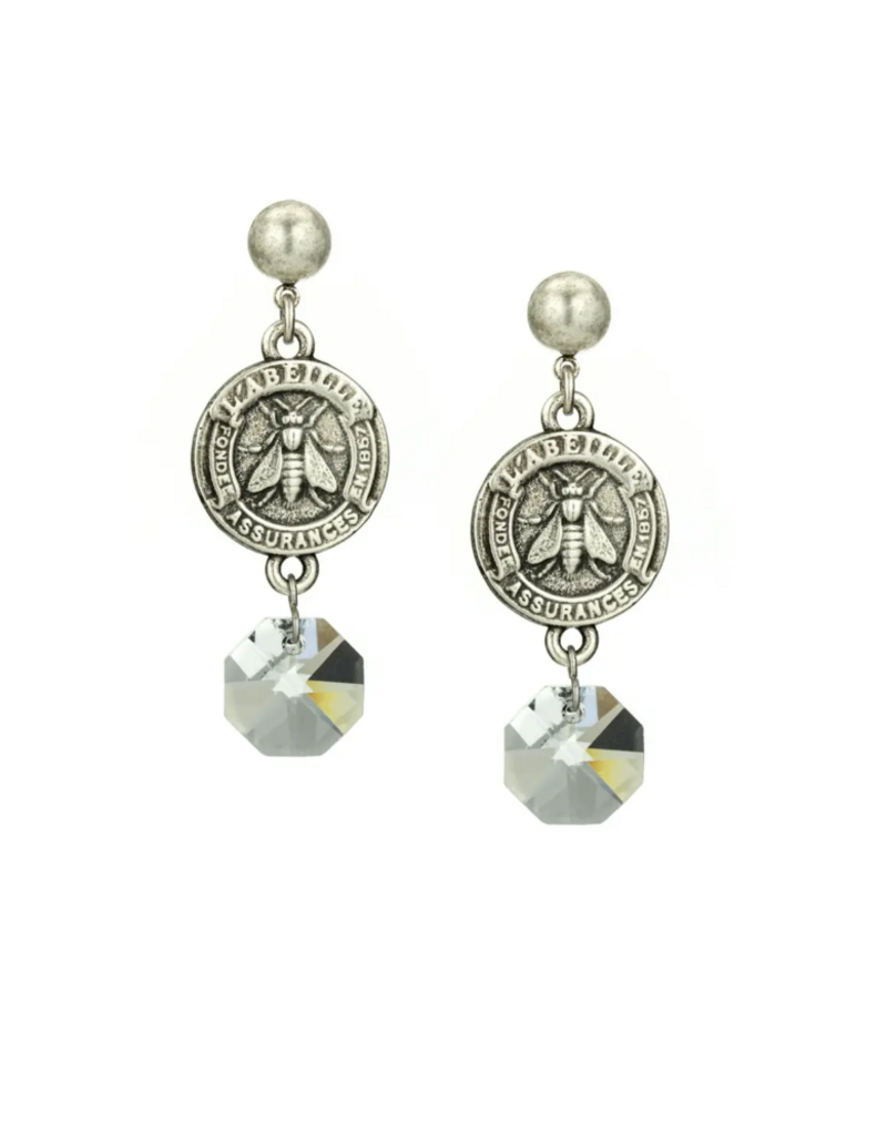 French Kande Silver Mini Abeille medallion w/ chandelier Crystal dangle stud earring Subgold