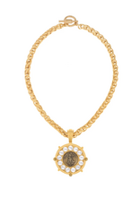 French Kande Colette 17" 24K Pltd. Cheval Chain w/ Crystal Paris Bezel & Brass Ox mini L'Ange Medallion & Gold Cabs