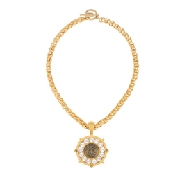 French Kande Colette 17" 24K Pltd. Cheval Chain w/ Crystal Paris Bezel & Brass Ox mini L'Ange Medallion & Gold Cabs