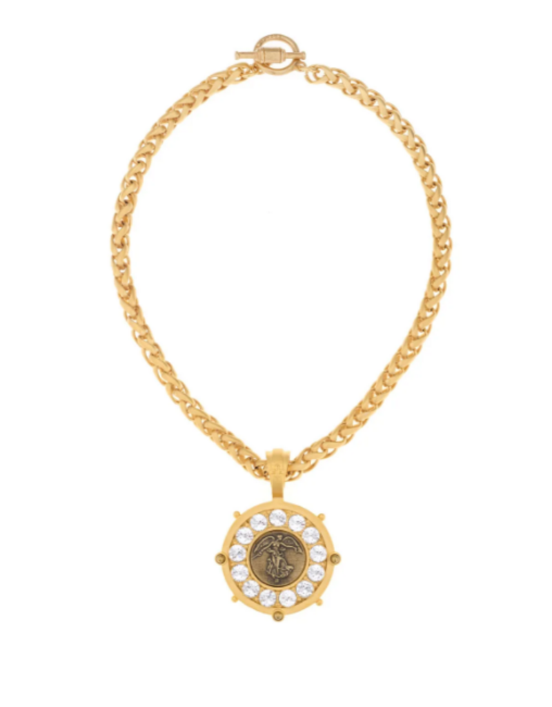French Kande Colette 17" 24K Pltd. Cheval Chain w/ Crystal Paris Bezel & Brass Ox mini L'Ange Medallion & Gold Cabs