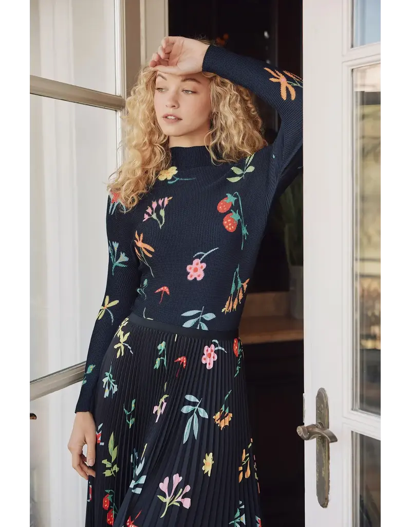 Wild Cosmos Daisy Floral PleatedSkirt black mix O/S