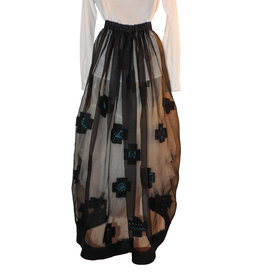 Sarah Majors Art SM Black Silk Organza Skirt w/hand felted blk merino wool crosses/ turq. silk straw stitching
