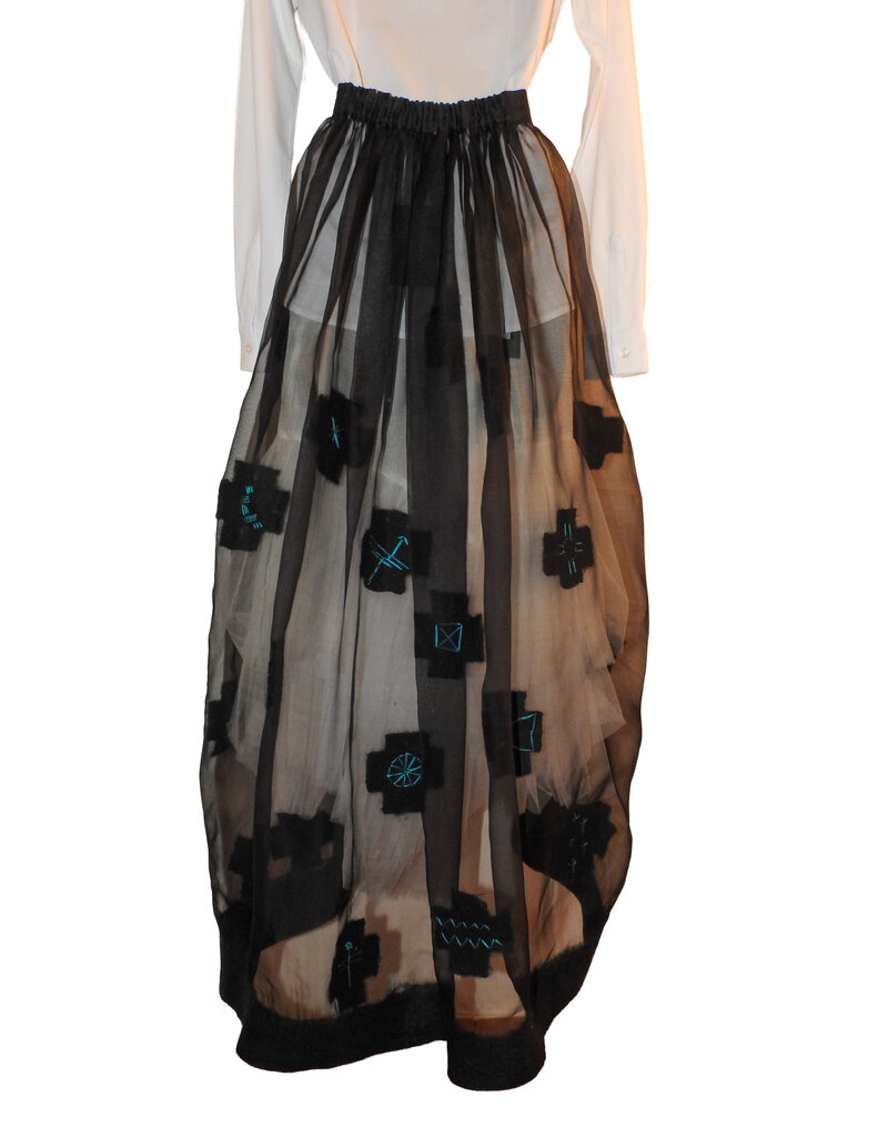 Sarah Majors Art SM Black Silk Organza Skirt w/hand felted blk merino wool crosses/ turq. silk straw stitching