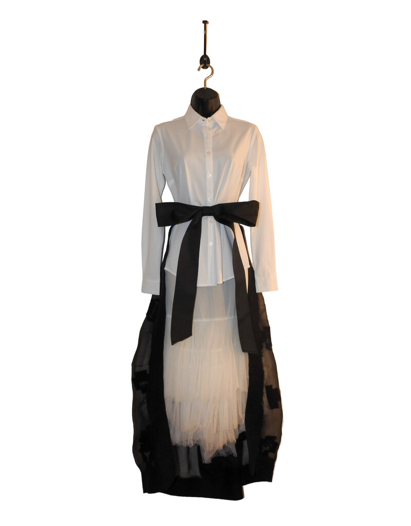 Sarah Majors Art SM Black Silk Organza Skirt w/hand felted blk merino wool crosses/ turq. silk straw stitching