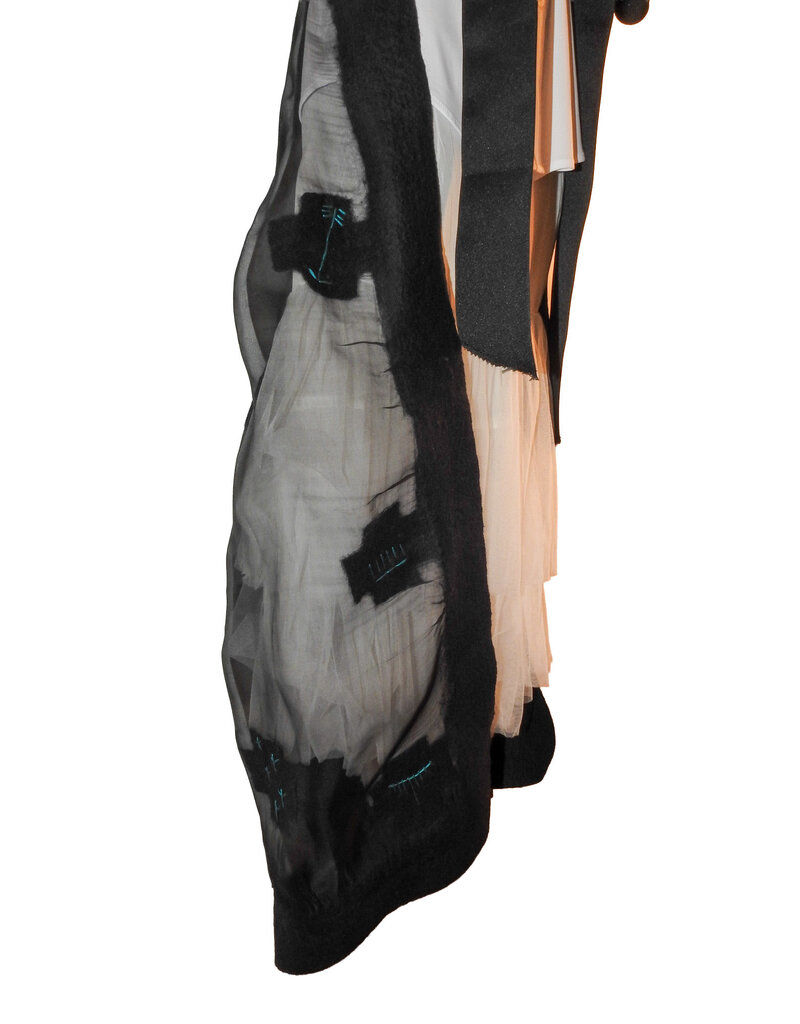 Sarah Majors Art SM Black Silk Organza Skirt w/hand felted blk merino wool crosses/ turq. silk straw stitching