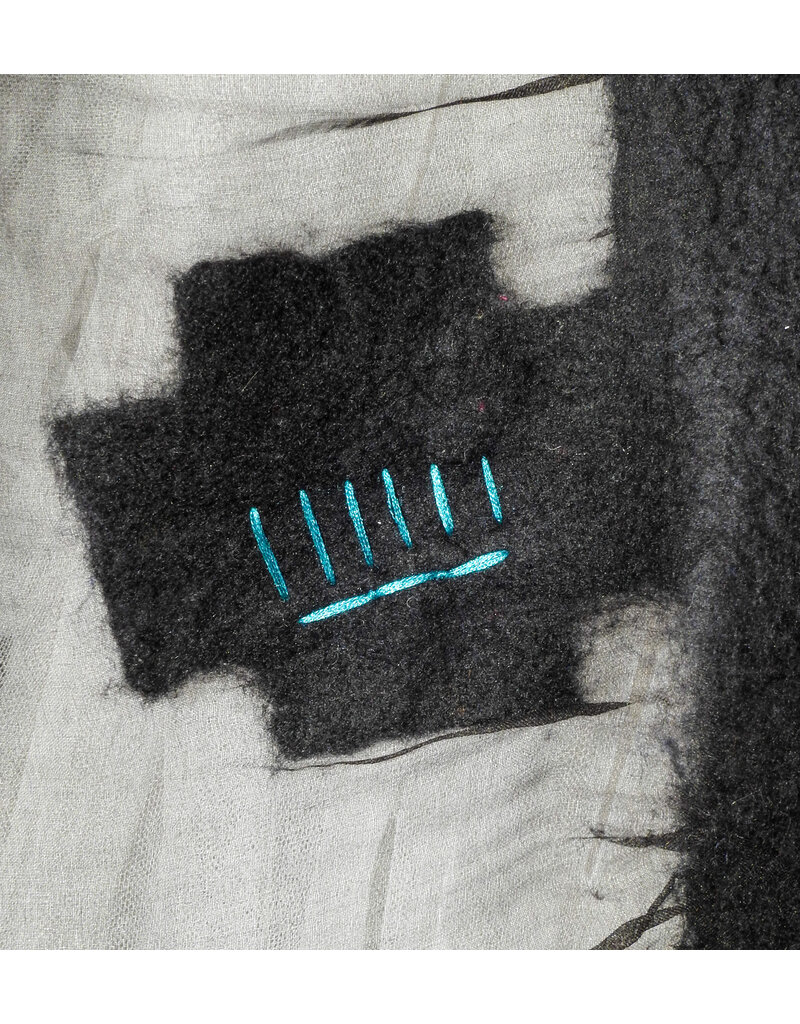 Sarah Majors Art SM Black Silk Organza Skirt w/hand felted blk merino wool crosses/ turq. silk straw stitching