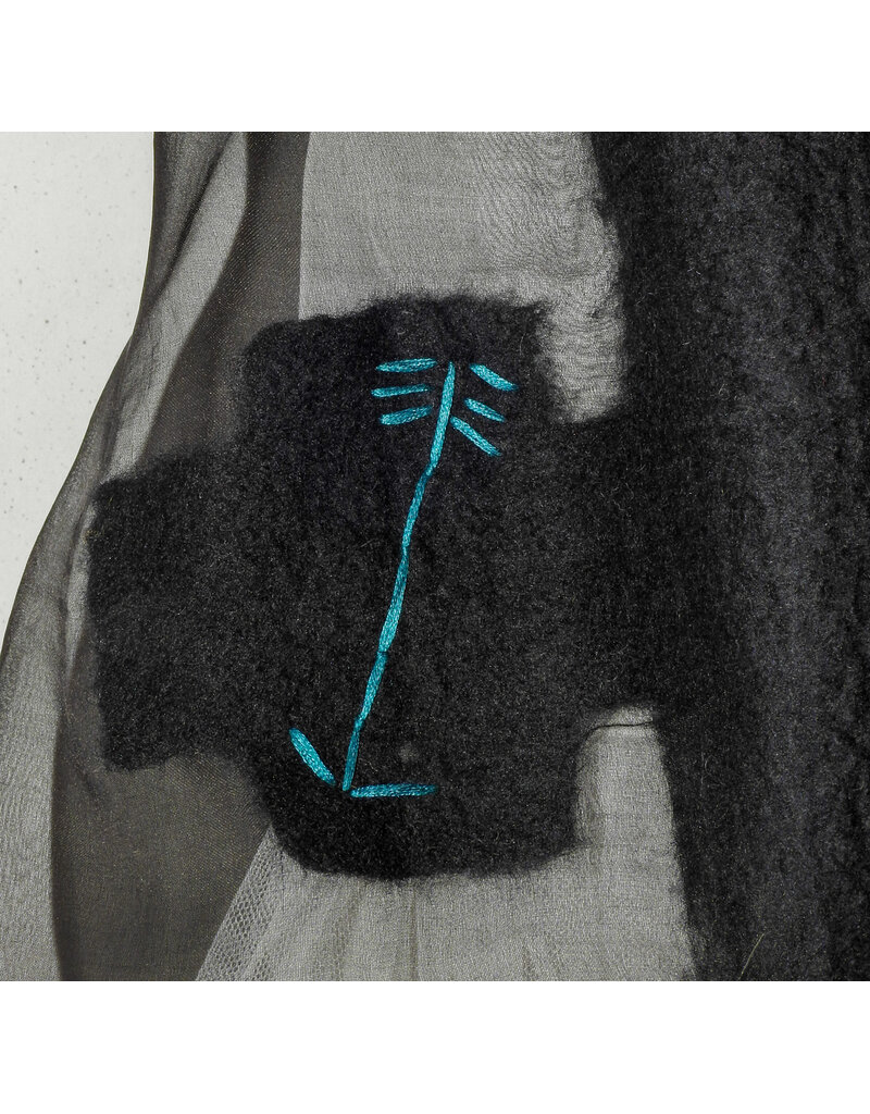 Sarah Majors Art SM Black Silk Organza Skirt w/hand felted blk merino wool crosses/ turq. silk straw stitching