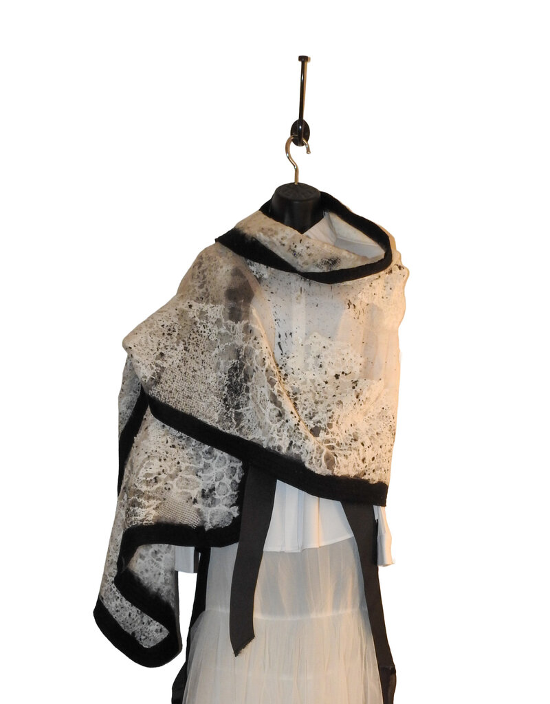 Sarah Majors Art Blk Silk w/ Wht Handmade Paper & Blk Ink Shawl
