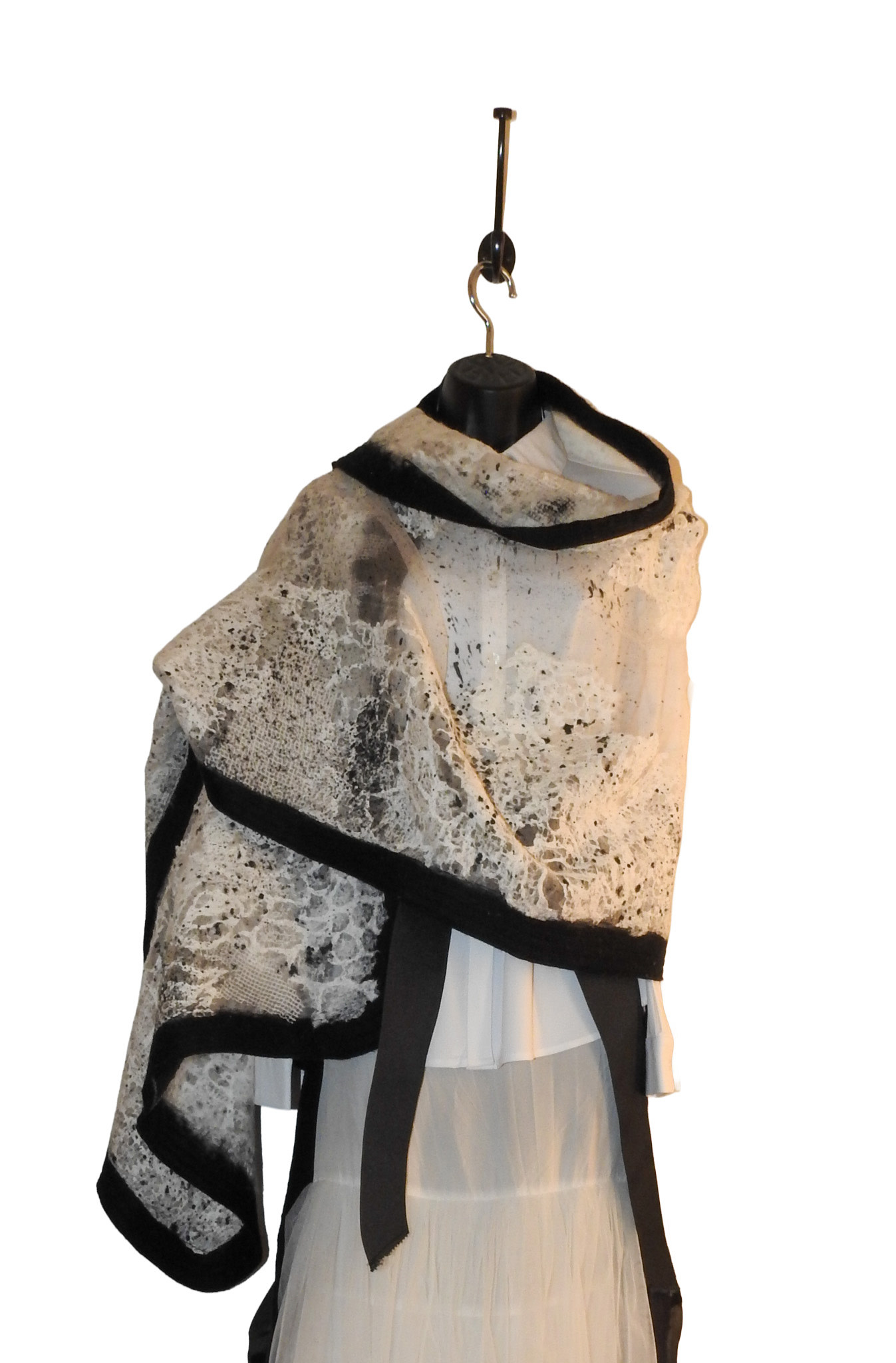 Sarah Majors Art Blk Silk w/ Wht Handmade Paper & Blk Ink Shawl