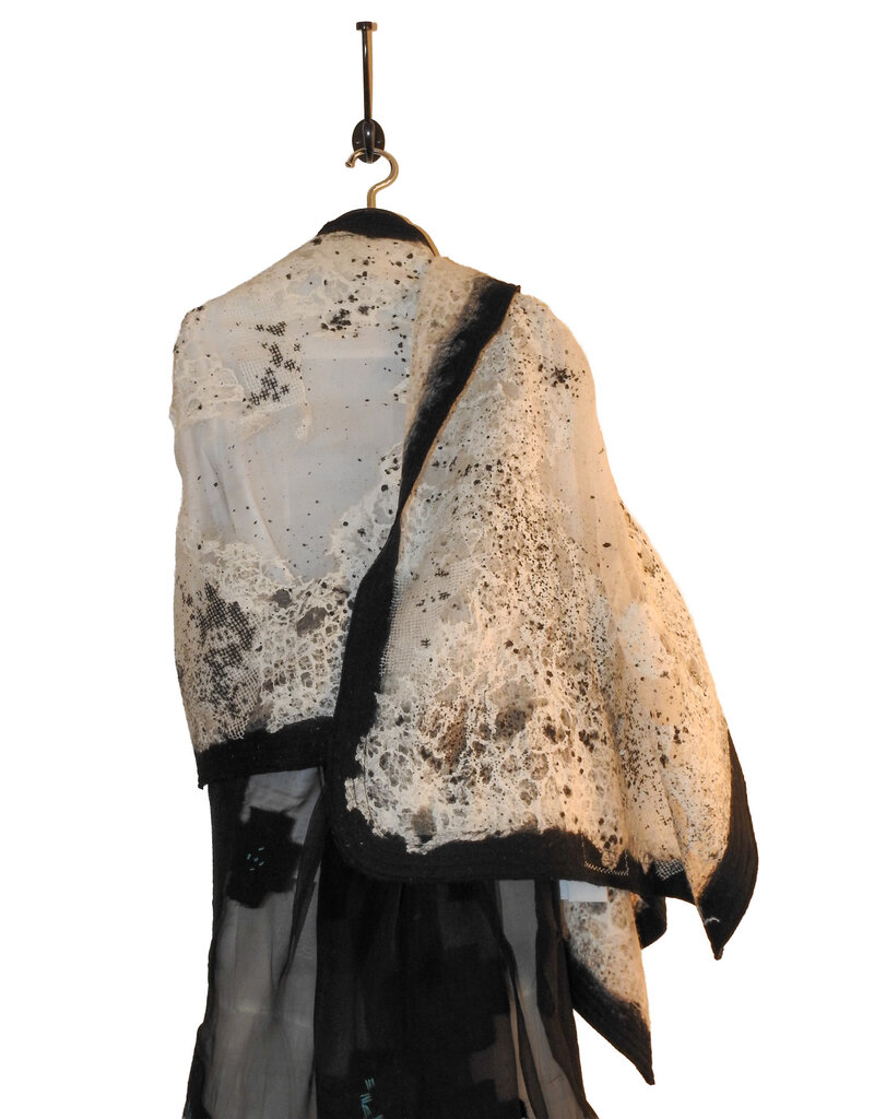 Sarah Majors Art Blk Silk w/ Wht Handmade Paper & Blk Ink Shawl