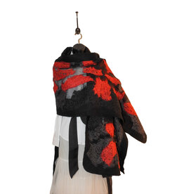 Sarah Majors Art Blk/Red 24" x 86" Hand Felted Silk & Wool Scarf w/ Pockets