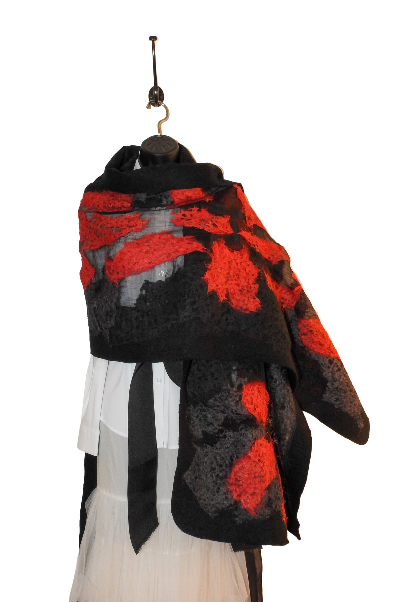 Sarah Majors Art Blk/Red 24" x 86" Hand Felted Silk & Wool Scarf w/ Pockets
