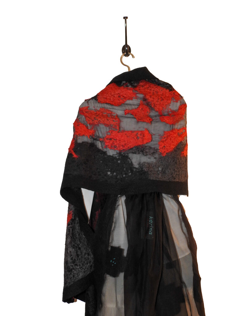 Sarah Majors Art Blk/Red 24" x 86" Hand Felted Silk & Wool Scarf w/ Pockets
