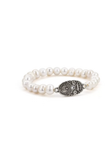 French Kande Cassandra Bracelet Single Strand Wht. Freshwater Pearls w/Silver Crystal Swarovski Cuvee Pendant