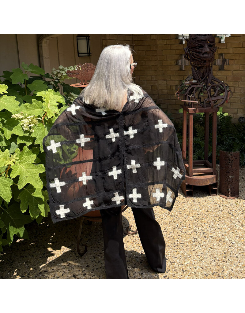 Sarah Majors Art SM Tuxedo Shawl - Wht Crosses on Black-Silk & Felted Merino