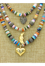 Gildas Gewels GG-H102 3 Strnd Heishi w/ Vntg Slvr, Vntg Gold Heart & Moon