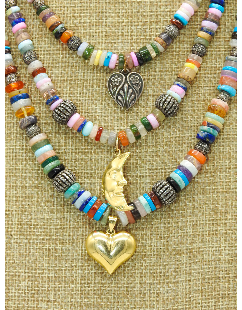 Gildas Gewels GG-H102 3 Strnd Heishi w/ Vntg Slvr, Vntg Gold Heart & Moon