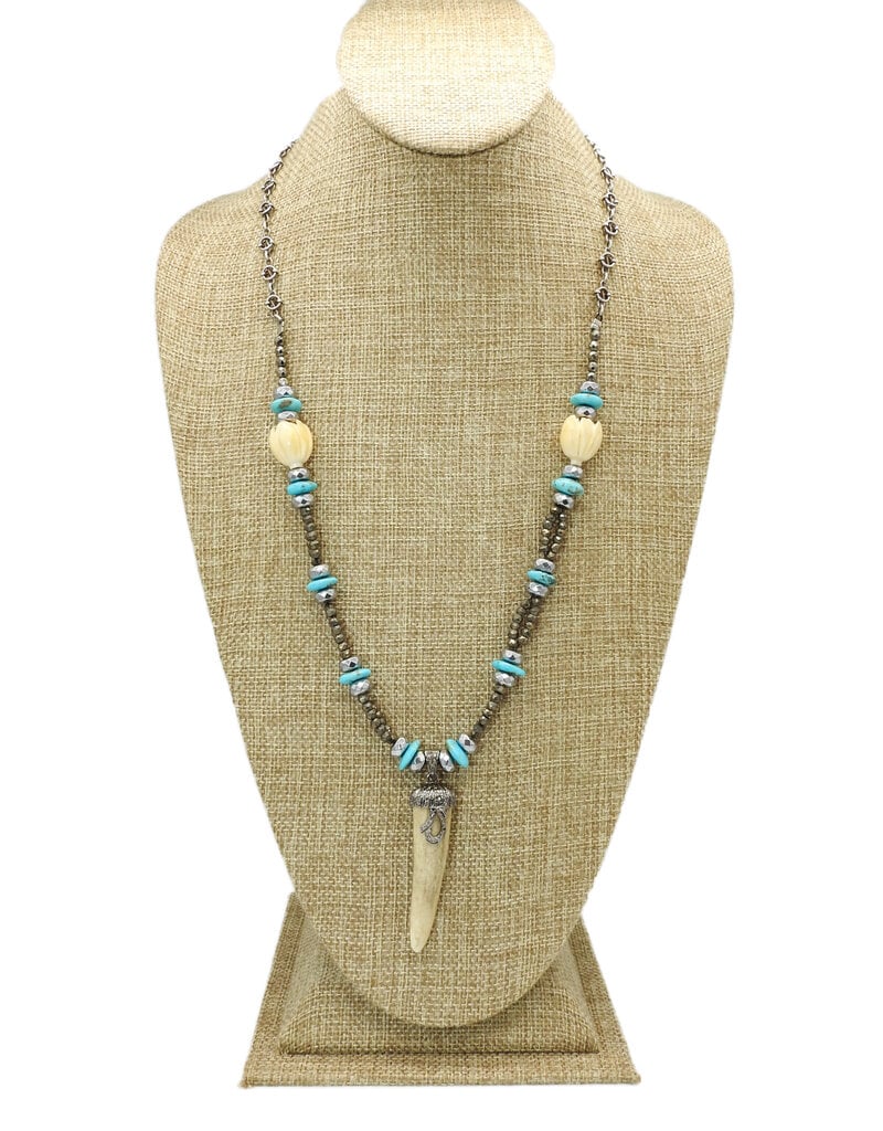 Gildas Gewels SP104 Vintage Diam. Horn, Bone Tulip, Turq. & Pyrite Beads Vintage Chain
