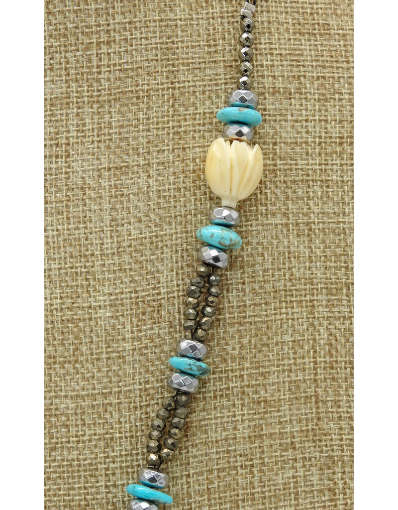 Gildas Gewels SP104 Vintage Diam. Horn, Bone Tulip, Turq. & Pyrite Beads Vintage Chain