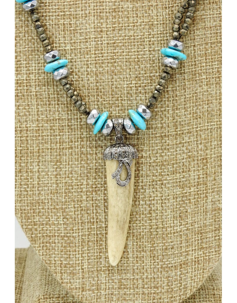 Gildas Gewels SP104 Vintage Diam. Horn, Bone Tulip, Turq. & Pyrite Beads Vintage Chain