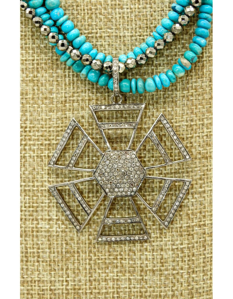 Gildas Gewels SP105A Lg Diam. Pinwheel Pndt, Turq & Pyrite Strnds, Diam Clasp
