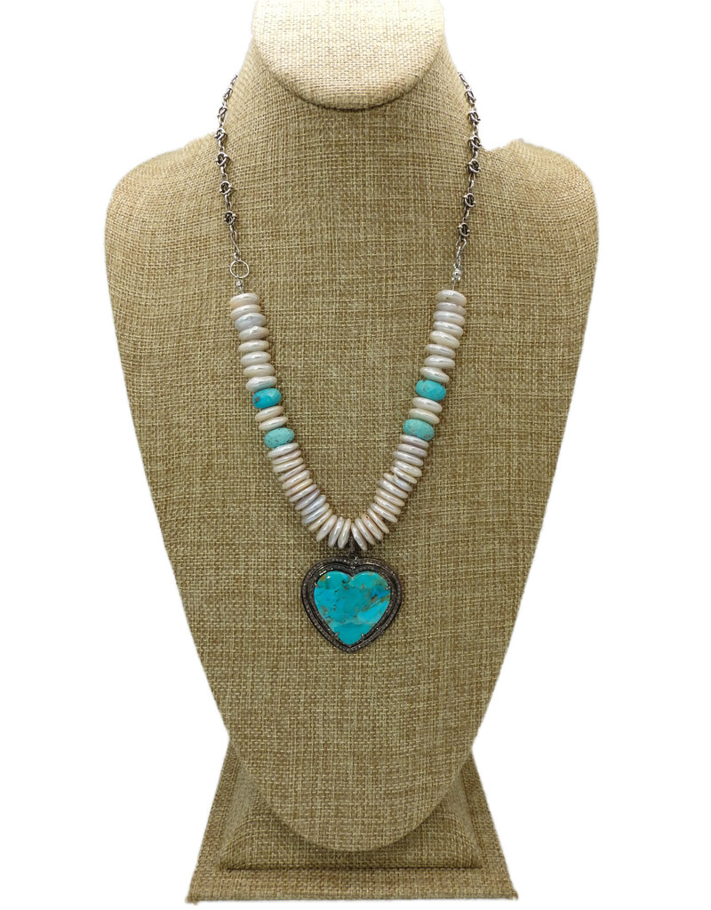 Gildas Gewels N25-8 Dbl. Diam. Turq. Heart, Pearl & Laramar Beads Necklace