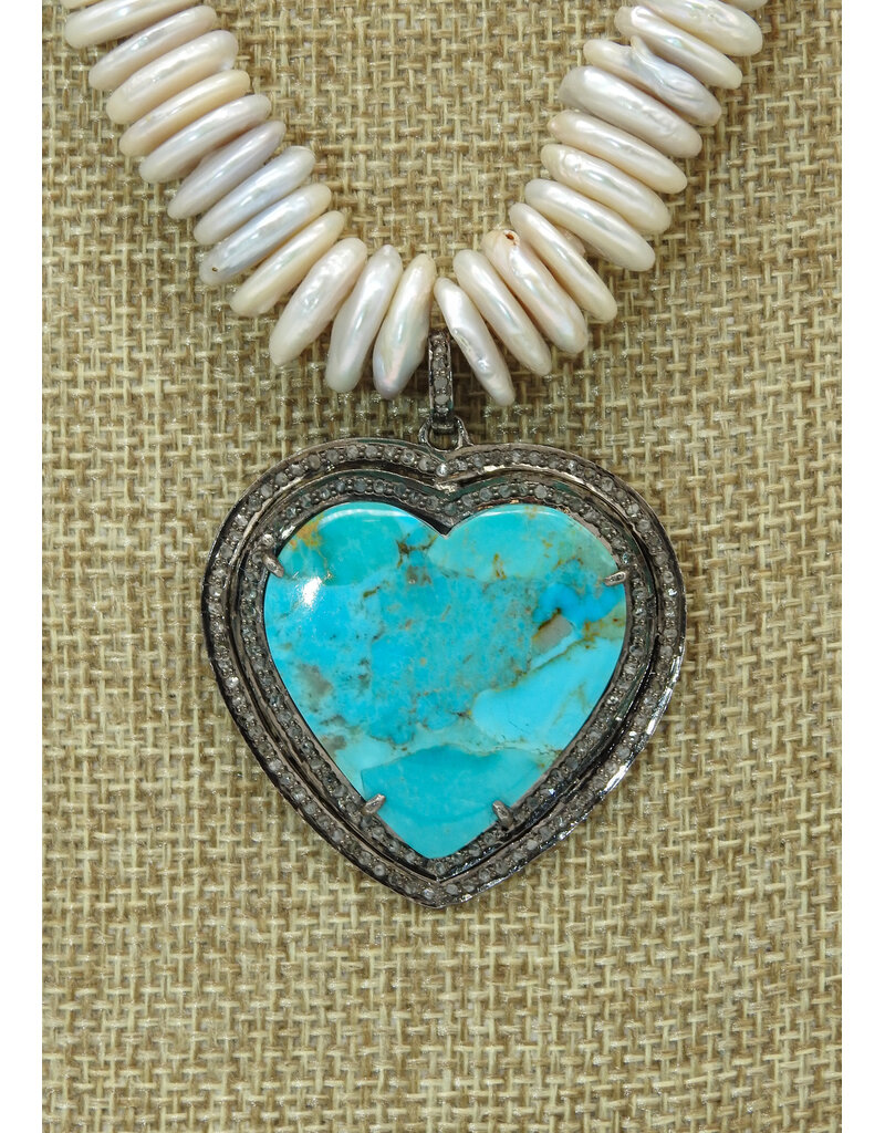 Gildas Gewels N25-8 Dbl. Diam. Turq. Heart, Pearl & Laramar Beads Necklace