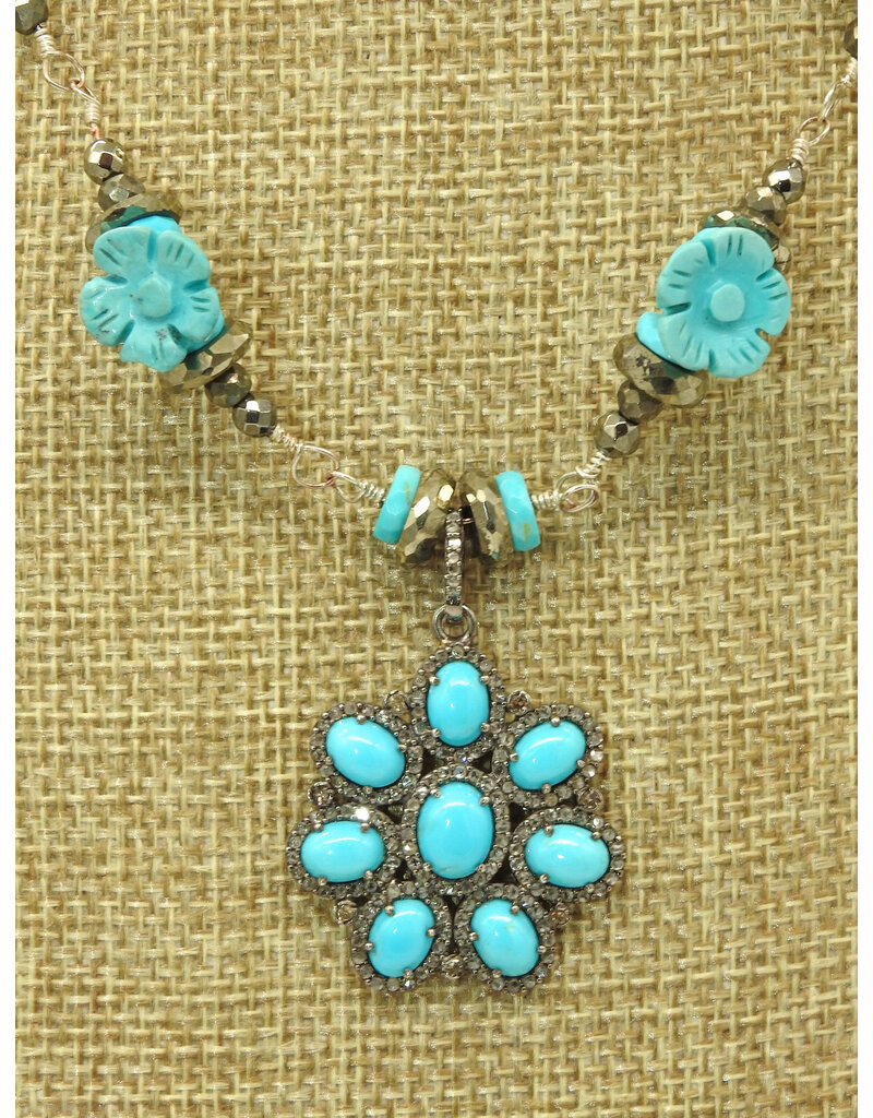 Gildas Gewels SP112A Turq/Diam. Flower Pndt, Diam Clasp
