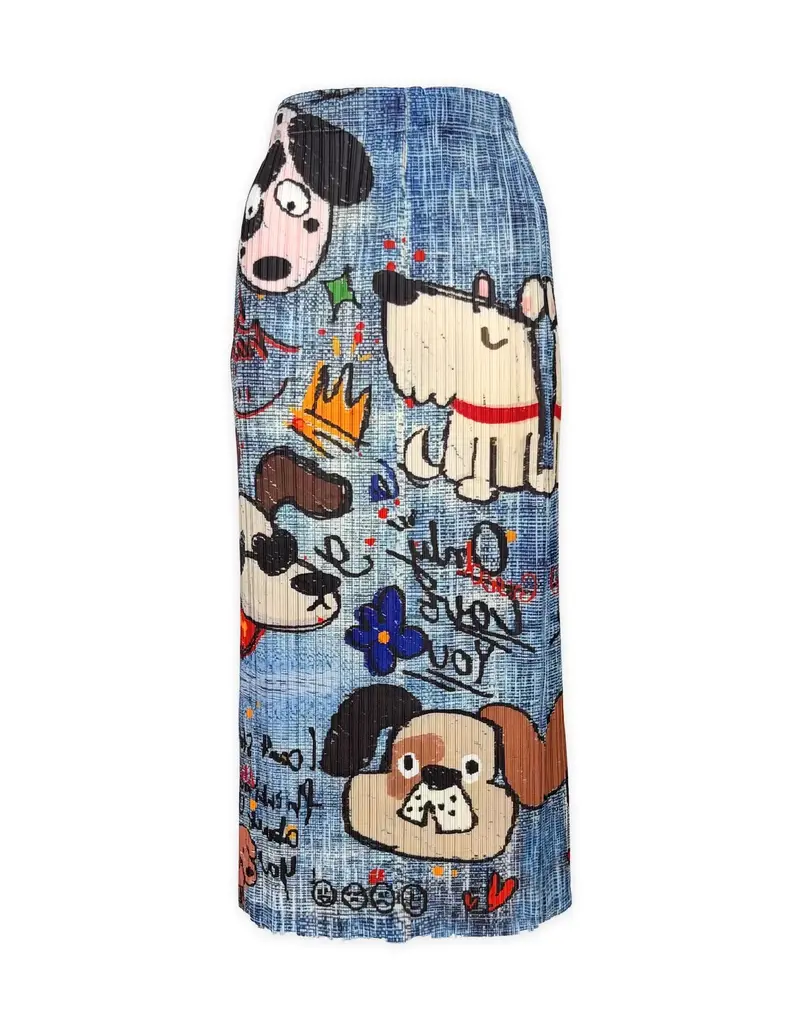 Wild Cosmos Kim Barkin Dog Plissé Satin Skirt denim mix