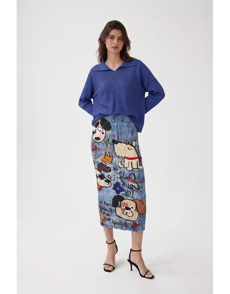Wild Cosmos Kim Barkin Dog Plissé Satin Skirt denim mix