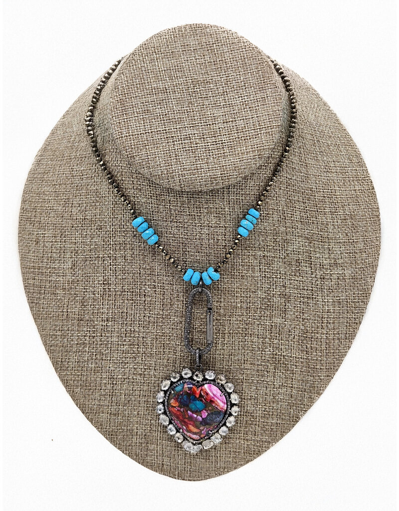 Gildas Gewels GG-N14 Multi Colored Hert w/Diamonds on Pyrite W Turq Chain
