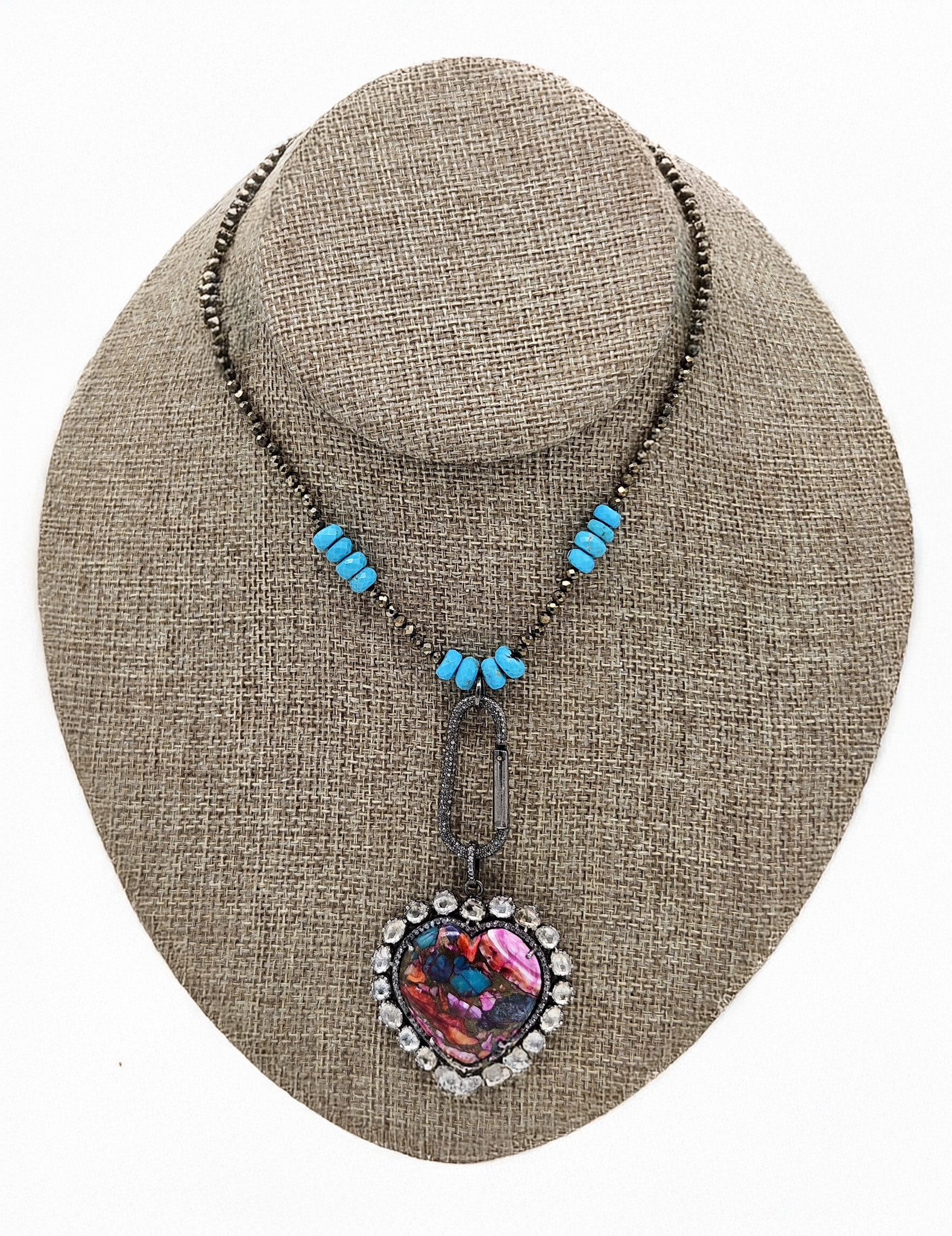 Gildas Gewels GG-N14 Multi Colored Hert w/Diamonds on Pyrite W Turq Chain
