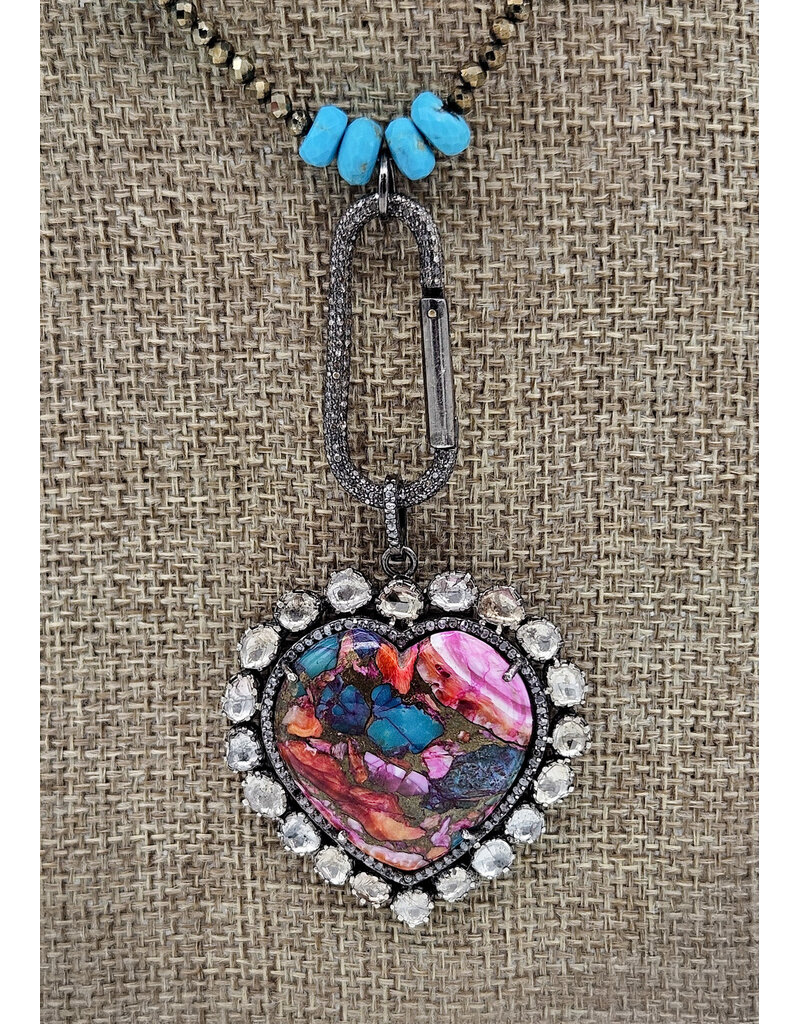 Gildas Gewels GG-N14 Multi Colored Hert w/Diamonds on Pyrite W Turq Chain