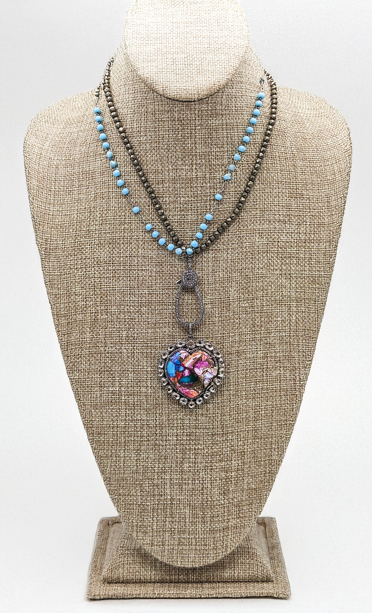Gildas Gewels GG-N12 Multi Colored Heart w/Diamonds on Pyrite W  LightTurq Chain
