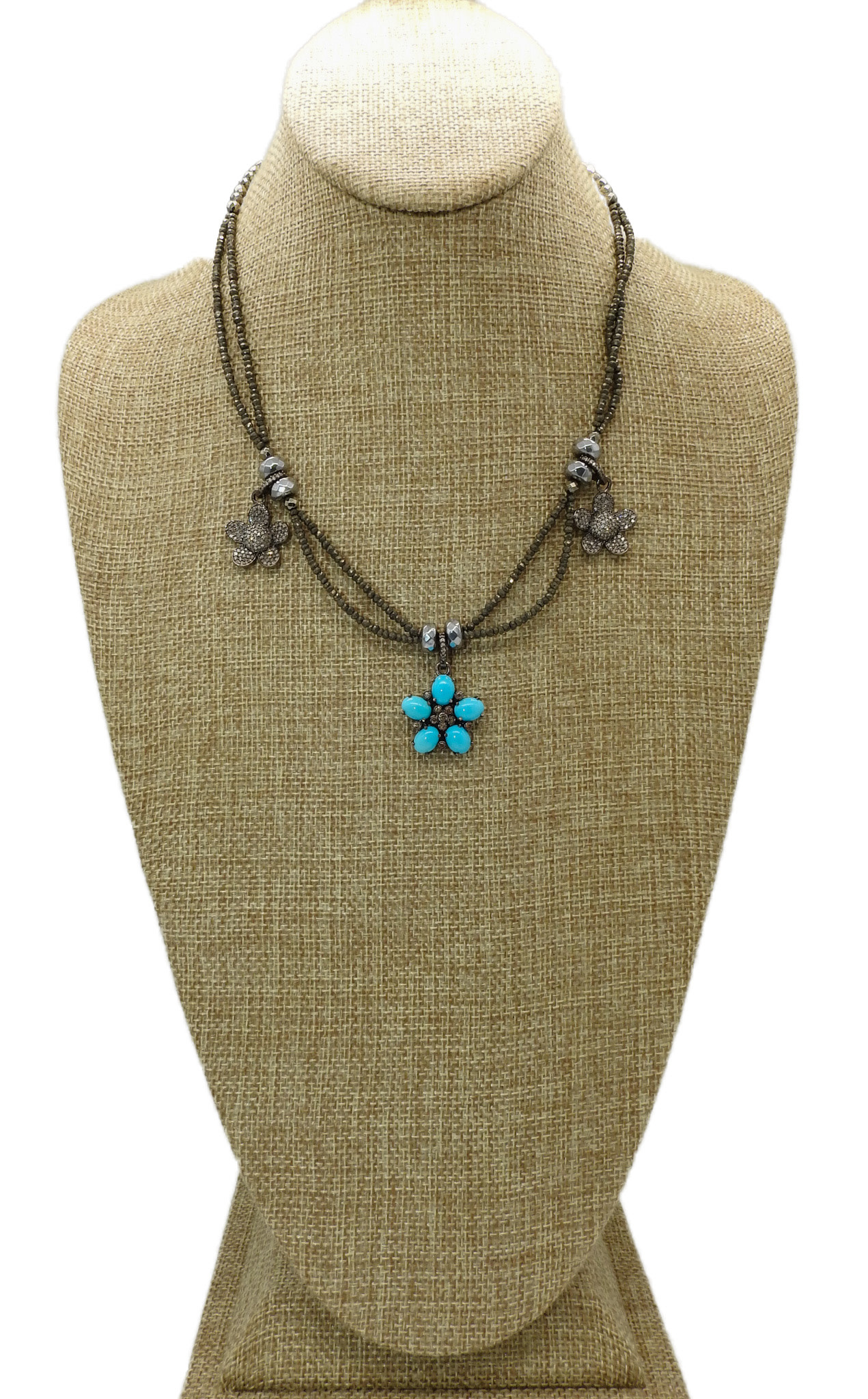 Gildas Gewels SP102 Turq./Diam Flwr. w/ Side Diam Flowers, Diam Clasp